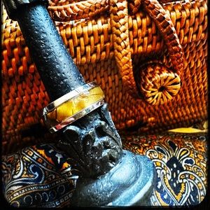 SOLD Ring: Silver polished with inlaid dyed mother of pearl in butterscotch